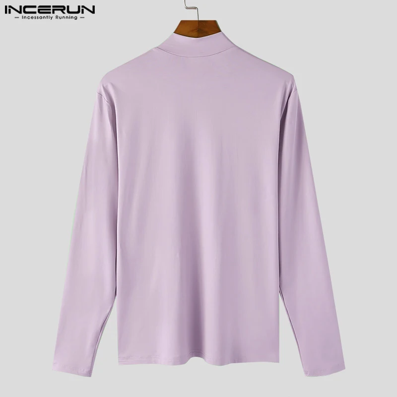 INCERUN Men T Shirt Solid Color Turtleneck Long Sleeve Hollow Out Casual Men Clothing Pleated Streetwear 2024 Fashion Camisetas