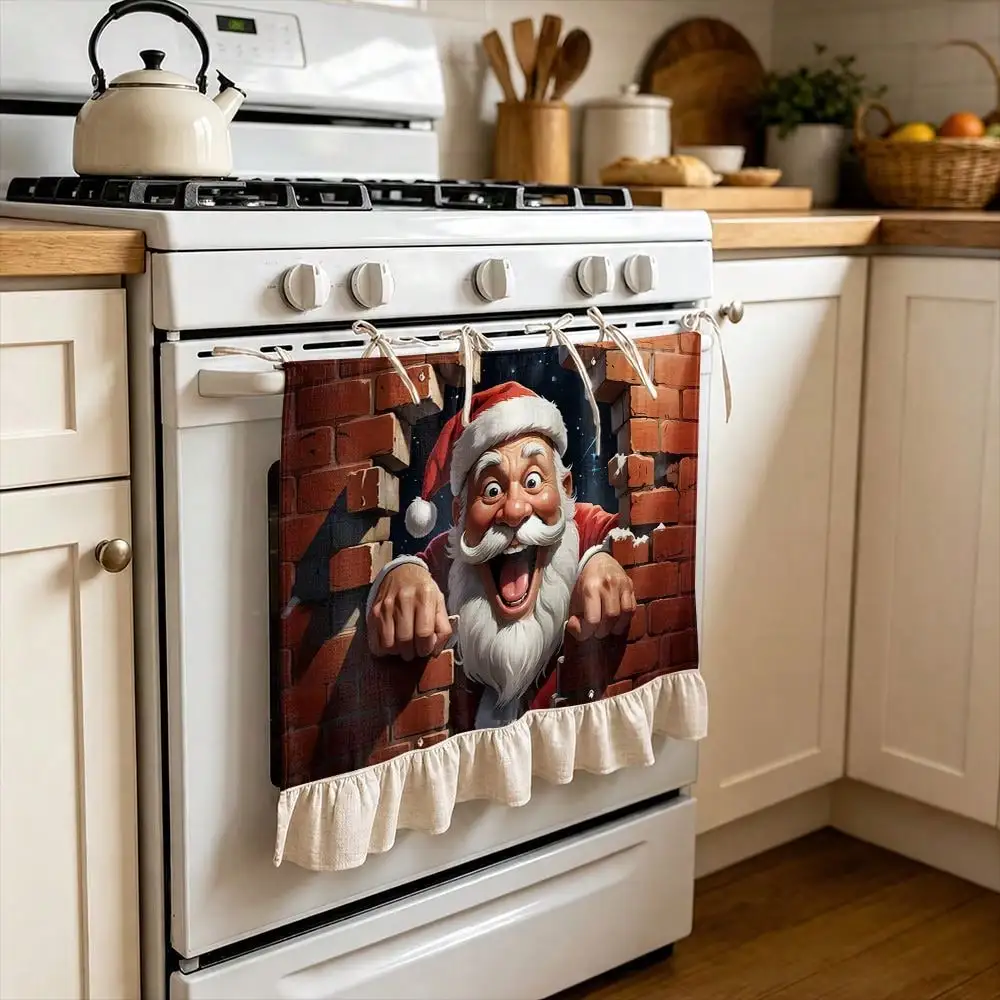 2D Funny Santa Claus Brick Chimney Pattern Multifunctional Decorative Curtain, Suitable for Kitchen Apron, Oven Cover, Washing, Dishwasher, Bathroom Window Decoration, And Kitchen, Halloween Kitchen Apron