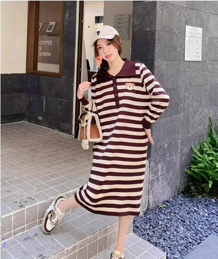 Sweet Korean Style Long Sleeve Pregnant Women Midi Dress Turn-down Collar Patchwork Block Color Striped Maternity Knitting Dress