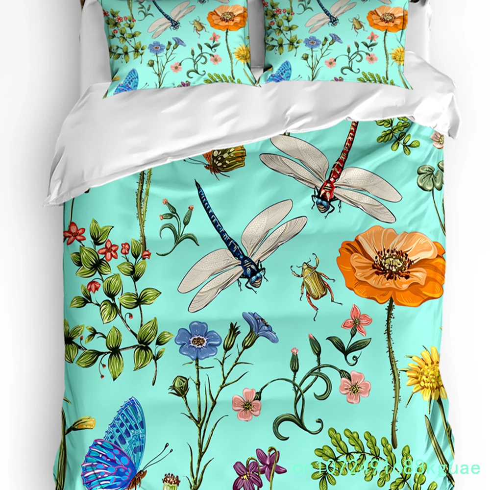 Dragonfly Flower Leaf Insect Butterfly Duvet Cover Bed Bedding Set Home Quilt Cover Pillowcases Bedroom Bedding Set No Sheet