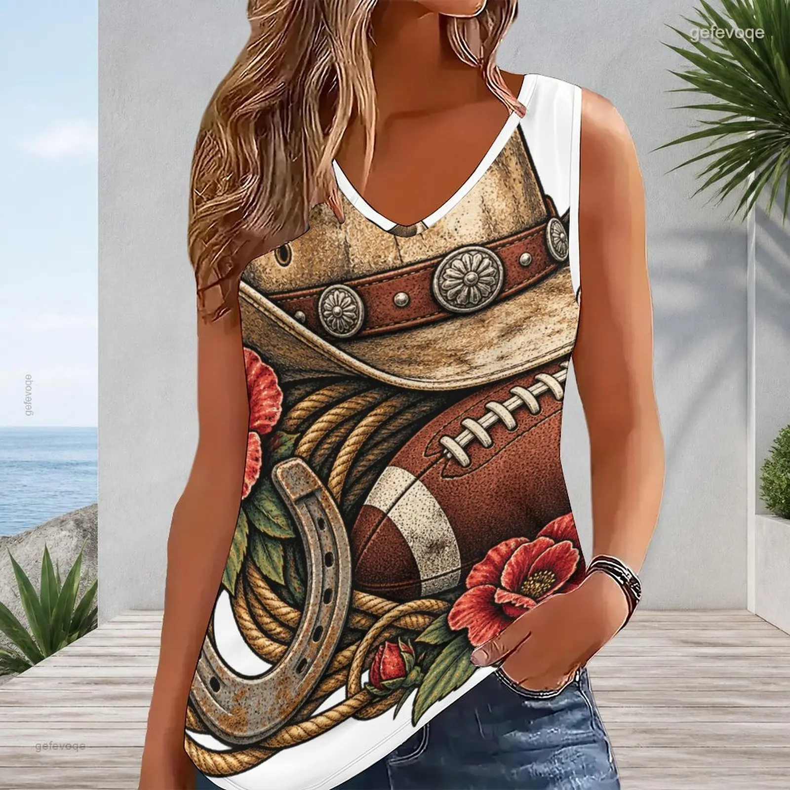 Women V Neck Sleeveless Tank Top, Western Cowboy Hat American Football Horseshoe Red Floral Print