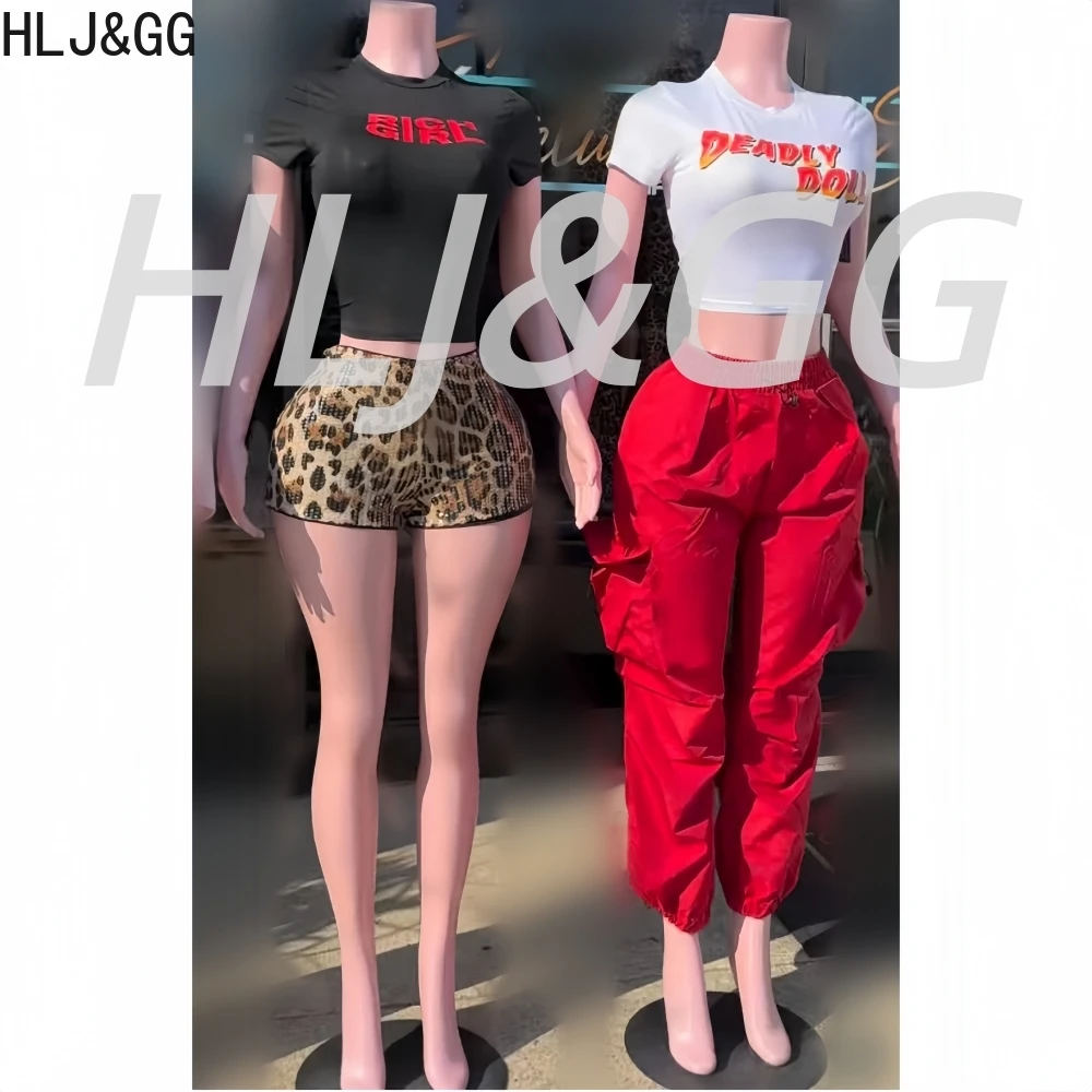 

HLJ&GG Y2K Trend Fashion Letter Print Tshirts Two Piece Sets Women Round Neck Slim Crop Top And Sequin Shorts Outfits Streetwear