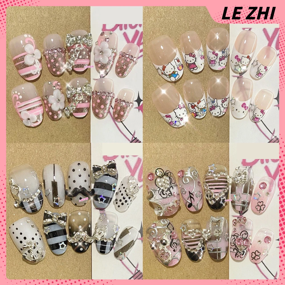 

10Pcs Handmade French Hello Kitty Press On Nails 3D Flower Dot Pattern Beard Bowknot Diamond Glitter Powder Y2K Retro Fake Nails