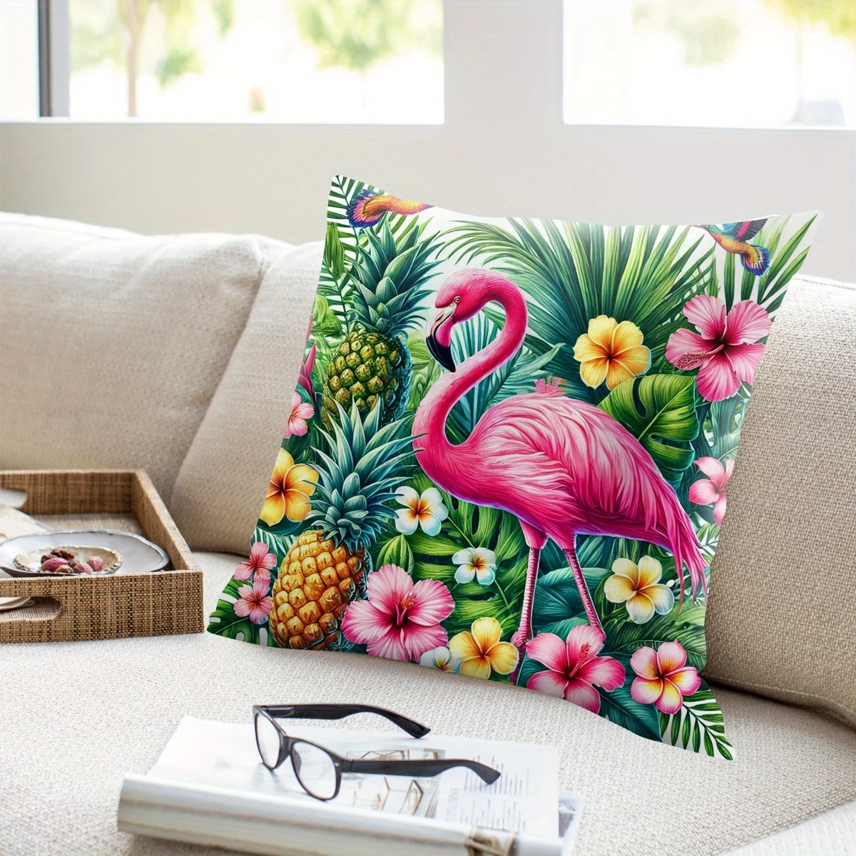 1pc 2D Flat (Pillow Not Included) Pink Flamingo Tropical Pineapple Hibiscus Cushion Cover Short Plush Summer Decor Throw Pillow