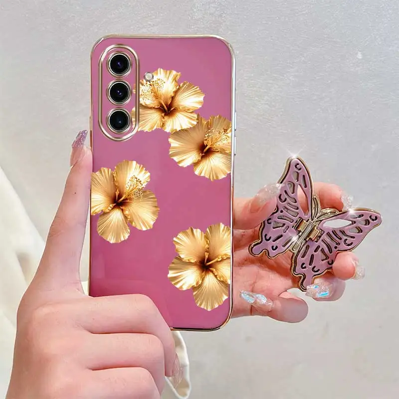 2pcs(Beautiful golden hibiscus phone Case+Butterfly Stand) For Galaxy S26 Plus/S26/S26 Ultra/S26 Edge Phone Case