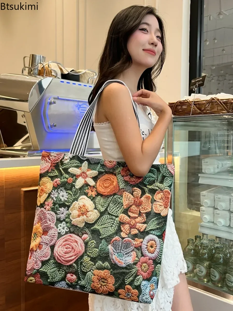 Retro Embroidery Women Handbags Ethnic Style Canvas Shoulder Bag Portable Work Casual Tote Bag Large Capacity Fashion Tote Bags