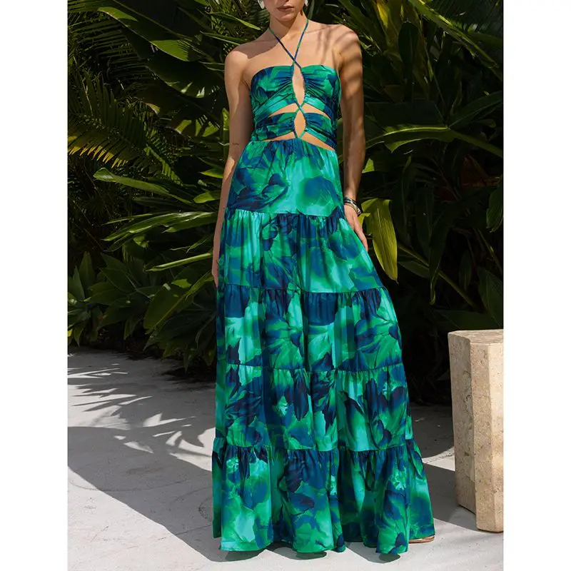 Combhasaki المرأة الصيف الدانتيل متابعة الرسن الرقبة أنيق الأزهار طباعة/التباين اللون انقطاع عارية الذراعين أكمام ألف خط فستان طويل