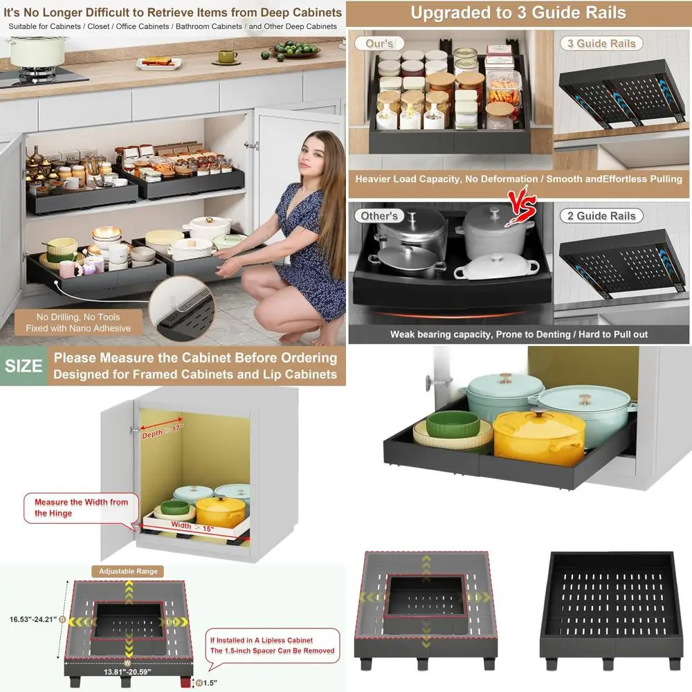 

Регулируемый расширяемый органайзер для шкафа с 3 направляющими, выдвижные ящики, для кухни и кладовой, 15-21 Вт x 17-24D, черный