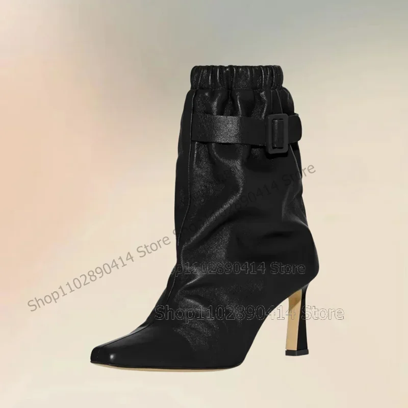 

Yellow Buckle Decor Soft Leather Pointed Toe Boots Elastic Band Women Shoes Thin High Heels New Fashion 2025 Zapatos Para Mujere