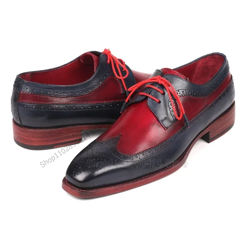 

Mixed Color Sewing Square Toe Strappy Men Derby Shoes Fashion Lace Up Men Shoes Luxury Handcraft Party Banquet Men Dress Shoes