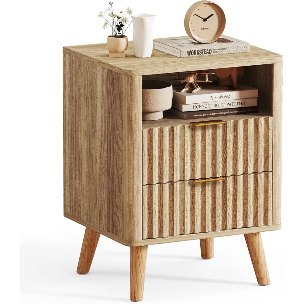 

Nightstands with 2 Drawers, 18" Fluted Bedside Table with Open Storage Shelf, Modern End Table with Curved Profile Design for Be