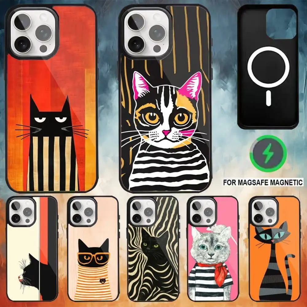 

Artistic Black Cat Striped Pattern Phone Case For iPhone17,16,15,14,13,12,11 Plus,Pro Max Magnetic For Magsafe Wireless Charging