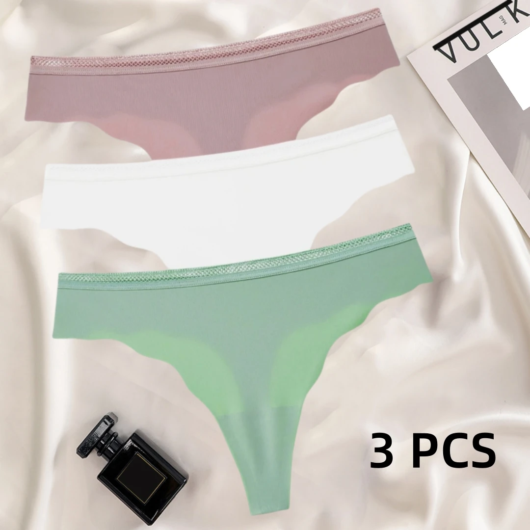 

3 PCS Panties Girls Sexy No Mark Ice Silk Invisible T-pants High Elastic Quick Dry Low Waist Classic Solid Color Women Thong