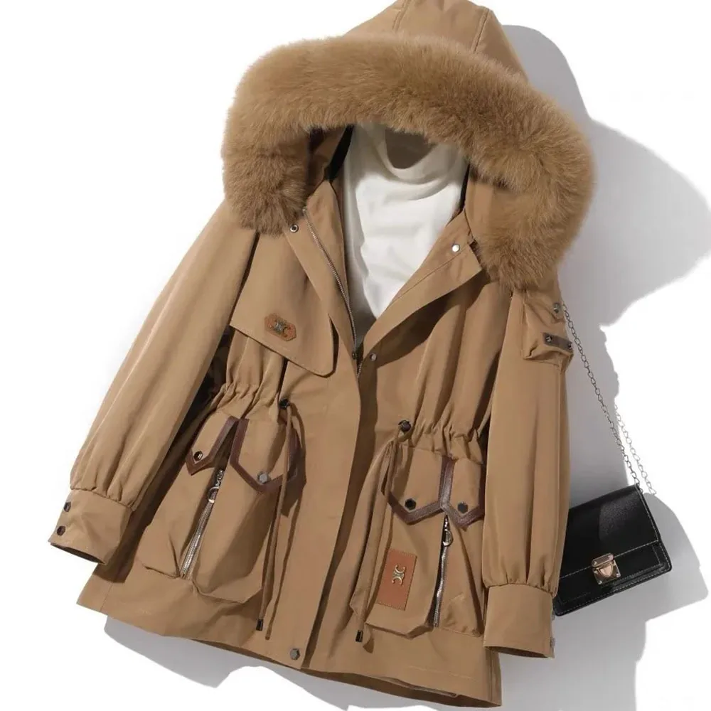 Winter Warm Women Tooling Parka Casual Adjustable Drawstring Waist Down Jacket Female Faux Fur Hooded Zipper Cotton Coats Ladies