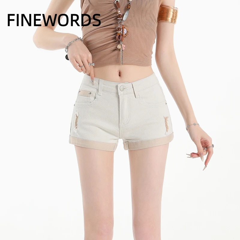 FINEWORDS 2026 Summer Women Light White Denim Shorts Low Waist Distressed Rolled Hem Mini Casual Y2K Streetwear Sexy Shorts