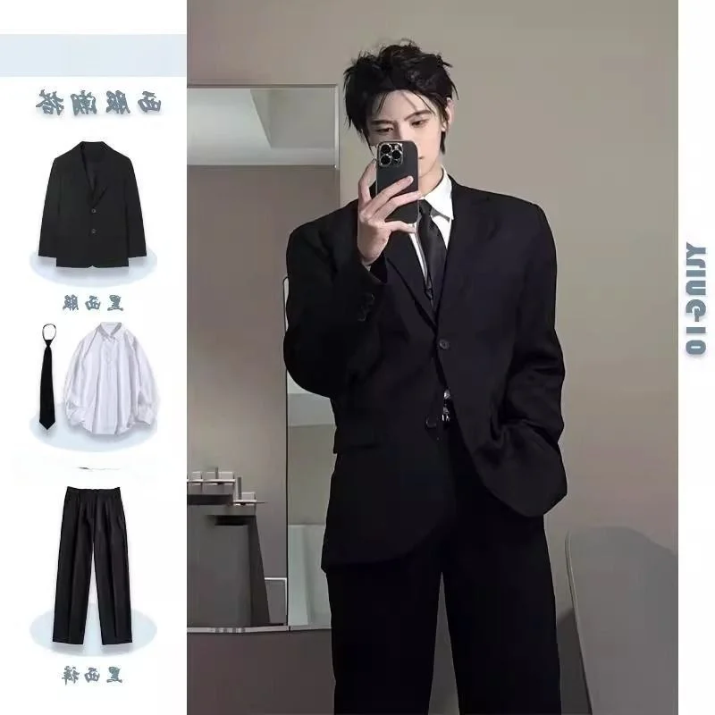 

oulder Padded Men's Suit Jaet College Sle Spring Autumn Student High End Feeling Small Western Suit DK orm Set Clas...