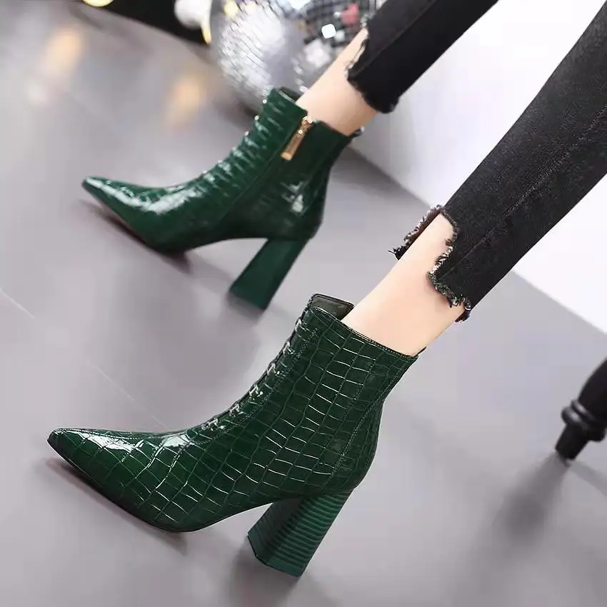 

Pointed-toe High-heeled Shoes Thick-heeled Short BootsWomen's 2022Autumn and Winter New Sexy Plaid British Style WildMartinBoots