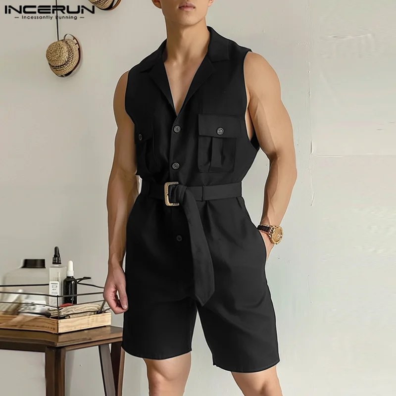 INCERUN 2024 Korean Style Rompers Men\'s Summer Stylish Jumpsuits Shorts Leisure Streetwear Solid Belt Sleeveless Bodysuits S-5XL