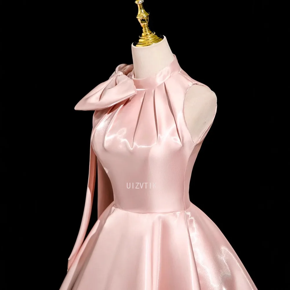 Abito da sera lungo in raso rosa Abito da donna semplice con scollo all'americana Abito da damigella d'onore francese di fascia alta Abiti da festa di fidanzamento Abiti da sposa