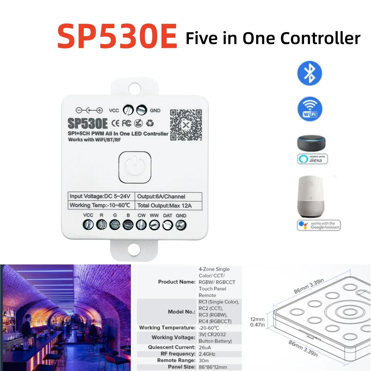 5V-24V Multi-Function SP530E SPI PWM 5CH All in One LED Controller RGB RGBW RGBCCT Sk6812 WS2811 5050 3528 12V LED Strip Light