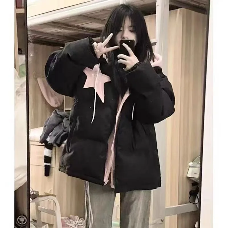 Winter Star-patterned Down Jacket Faux Two-piece Hooded Puffer Jacket Fashionable Loose and Sweet Cotton Coat