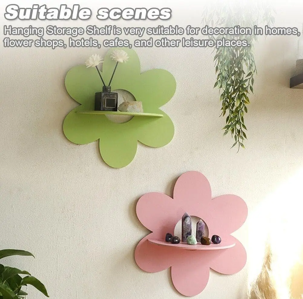 2PCS Pink Flower Shape Wall Storage Holder Wooden Wall Art Wall Decorative Shelves Floating Plant Shelf Cute Home Decor Gift