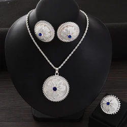 Dubai Silver Color with Blue CZ Ethiopia Jewellery Set Necklace Earrings Ring Jewelry African Bride Wedding Party Festival Gift