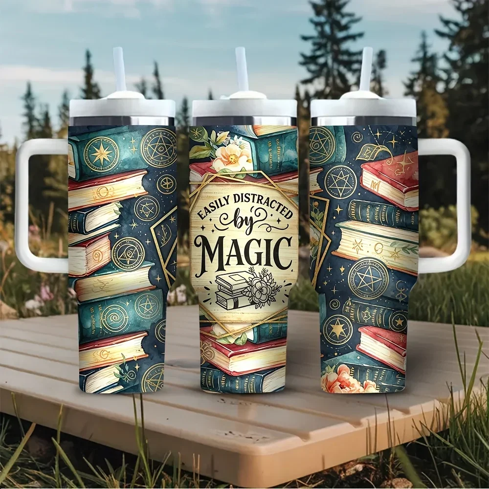 40oz Tumbler with Handle, Magic Book Themed Print, Perfect for Book and Magic Lovers, Fits Both Hot and Cold Drinks, Ideal for Daily Use and Outdoor Activities