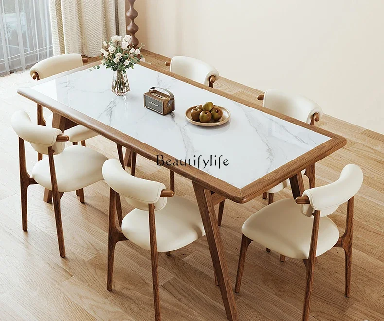 

Imported ash wood solid wood rock slab dining table rectangular inlaid rock slab dining table