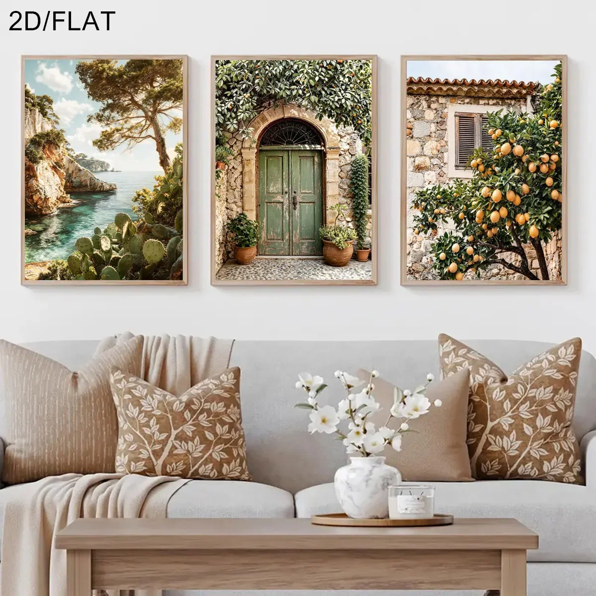3pcs/set Mediterranean Lemon Tree &cactus Canvas Print Retro Arch Architecture Olive Vase Wall Art Poster for Modern Home Decor