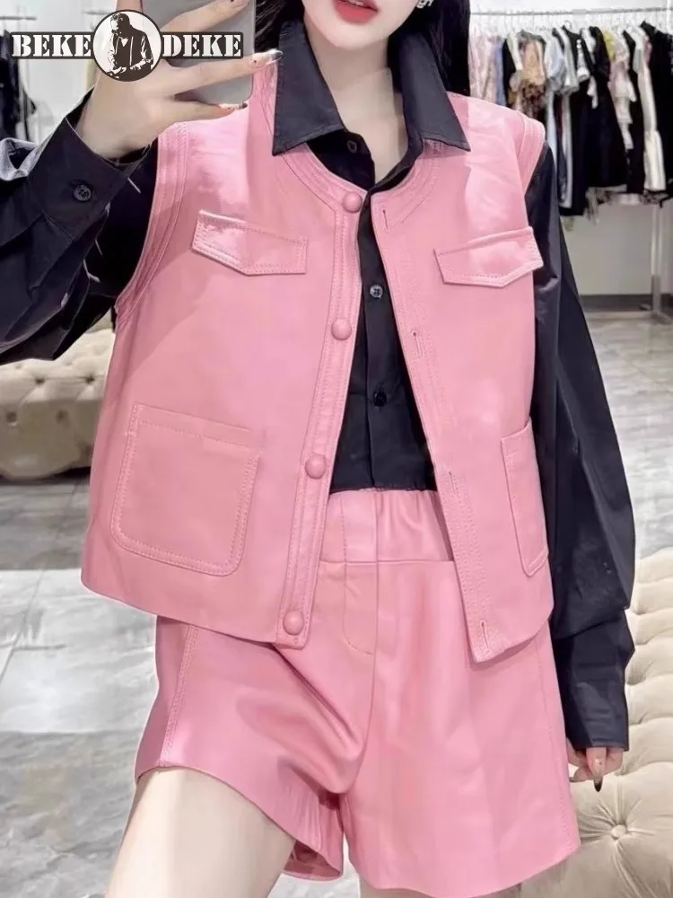 Single Breasted Punk Motorcycle Vests Women O-Neck Design Sheepskin Genuine Leather Tank Jacket Streetwear New Short Waistcoat