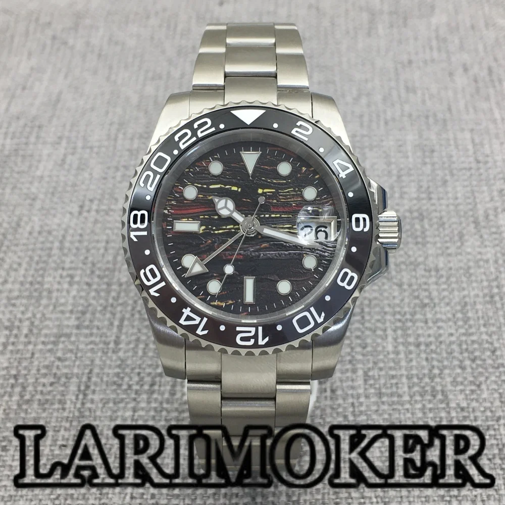 LARIMOKER 40MM GMT Orologio meccanico da uomo NH34 Vetro zaffiro Nero Grigio Lunetta in ceramica Meteorite Texture Quadrante Calendario luminoso