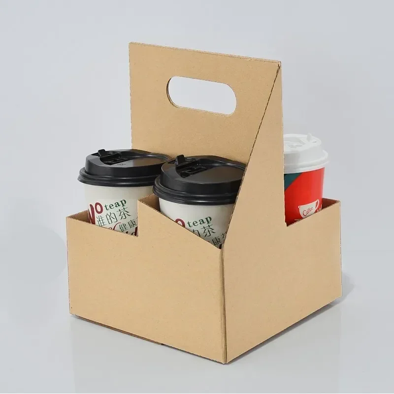 Disposable 2/4 Cup Packaging Box Corrugated Kraft Paper Thick Handheld Cup Holder Bag Milk Tea Coffee Juice Package Cup Holder