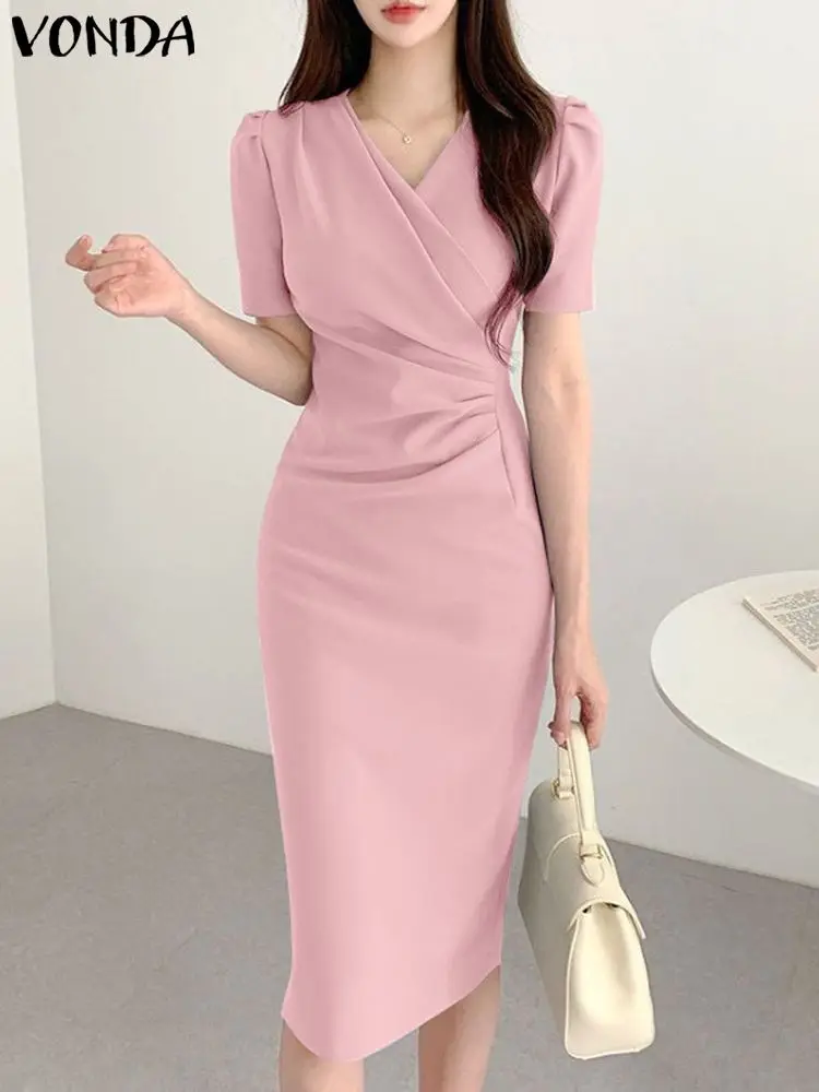 

VONDA Summer Elegant OL Dress 2023 Women Fashion Mid-Calf Sundress Sexy V-Neck Solid Color Short Sleeve Pleated Long Robe Femme