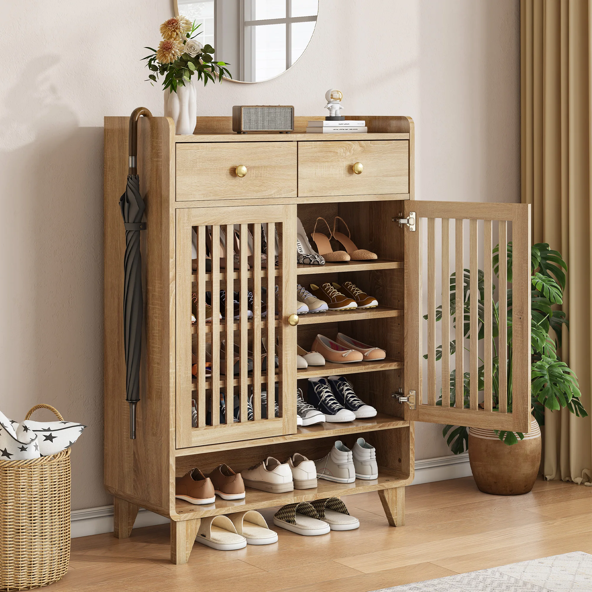 TCGBKAF Oak Shoe Storage Cabinet for Entryway 6-Tier Wooden Enclosed Shoe Dresser with Slatted Doors Anti-tipping Adjustable Shelves With Drawers Narrow Shoes Rack Organizer for Hallway&Front Door&Closet