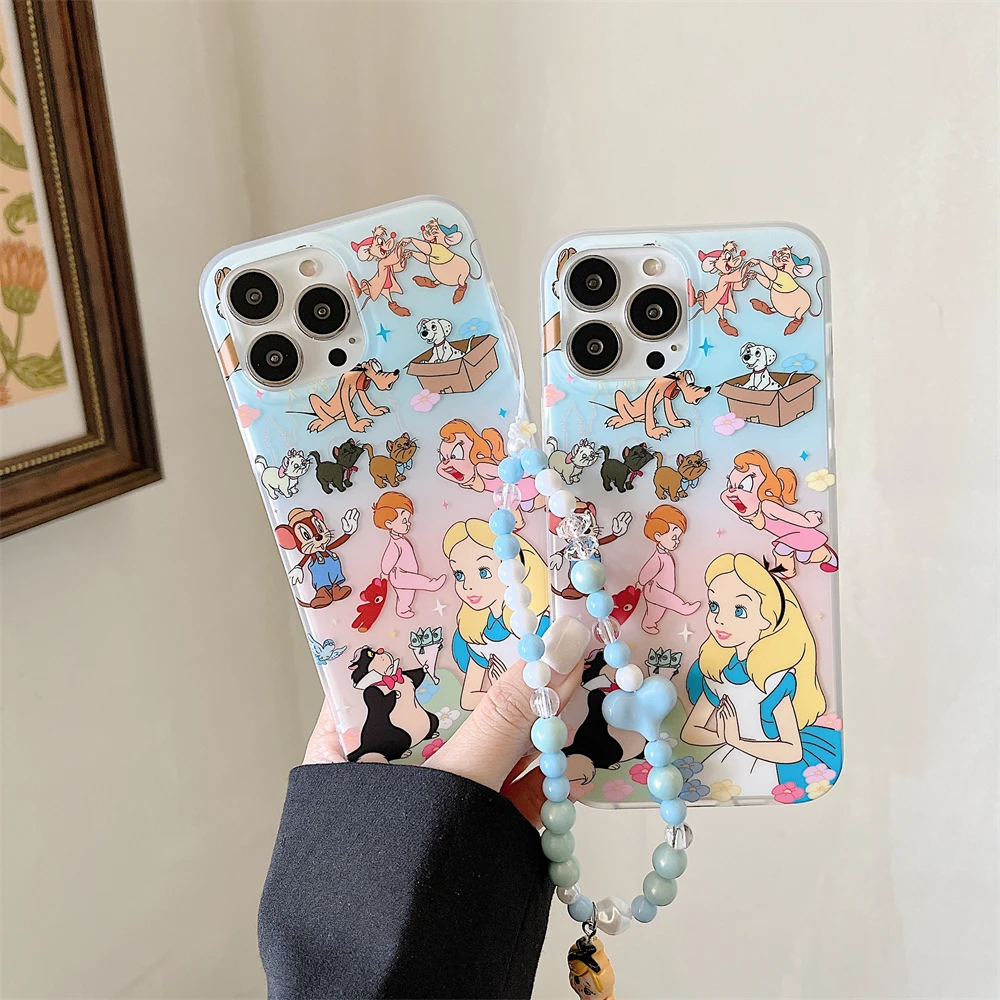 luxury Disney princess Mickey Mouse hand chain Case protection for iPhone 15 14 13 12 11 16 Pro Max lovely Coque