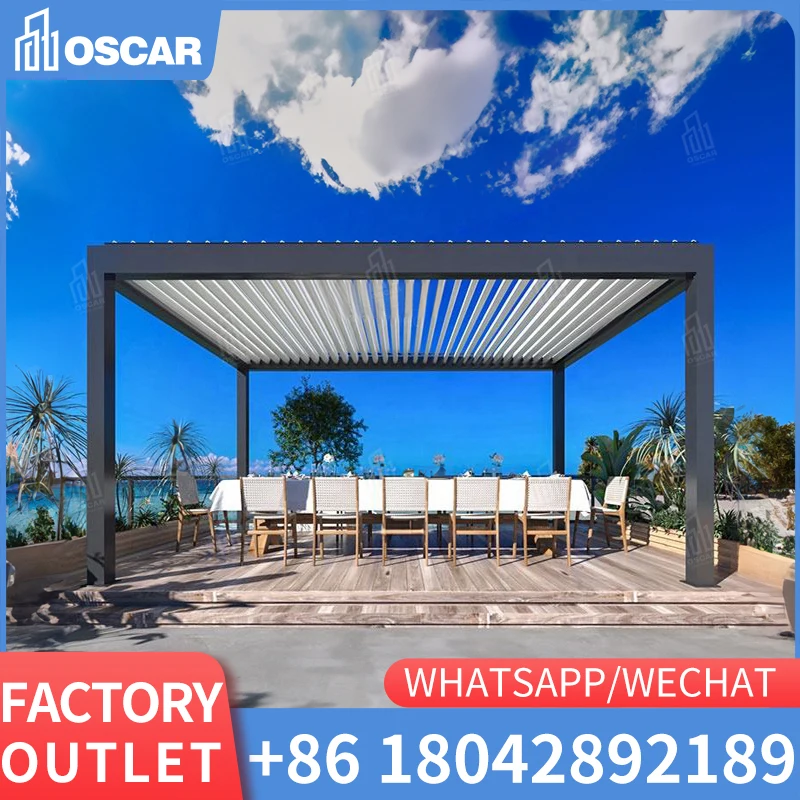 Waterproof Aluminum pergola outdoor Electric Opening garden pegola with LED light Garden Buildings Window Shutter