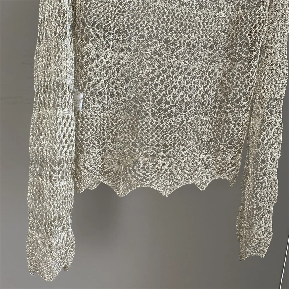 Modisches, vielseitiges, langärmliges, lässiges, hohles Strickoberteil aus Seide mit V-Ausschnitt und Leibchen für Damen