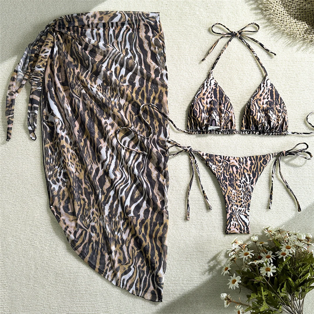 Dreiteiliges Bikini-Set mit Leopardenmuster und Sarong, Neckholder-Bikini, Damen-Badeanzug, gepolsterter Badeanzug, Badebekleidung, Schwimmbekleidung V7845 – Detail 6