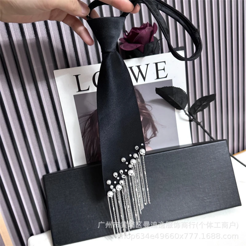 2025 New Heavy-Duty Tassel Tie for Women, Pearl Lazy Tie, No Need to Tie, Matching with Shirts, Black Tie, Trendy