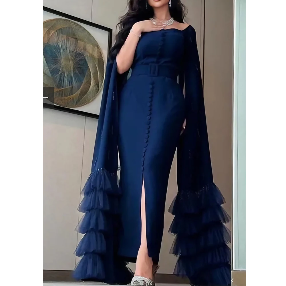 Customized Square Collar Sheath Evening Dress with Button and Belt Ankle Length Front Slit Floor-Length Sleeve Beading Gown