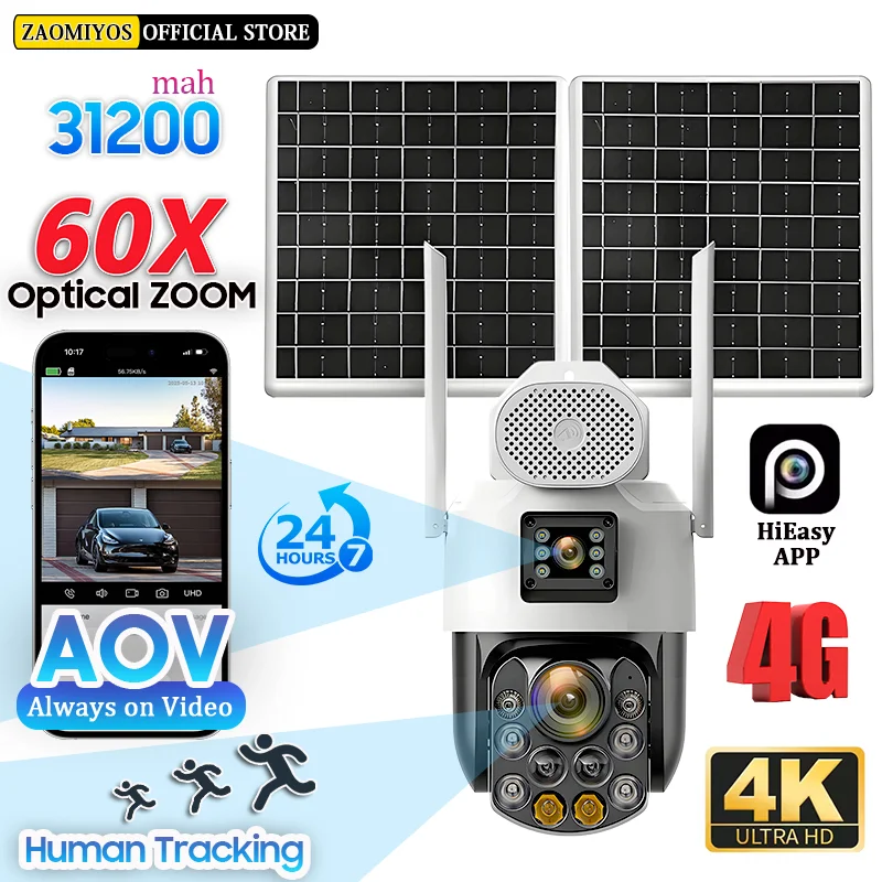 

Dual Lens 4K Home Surveillance Solar Cameras 60X Optical Zoom 4G AOV 24/7 Recording 31200mAh Auto Tracking Outdoor Security Cam