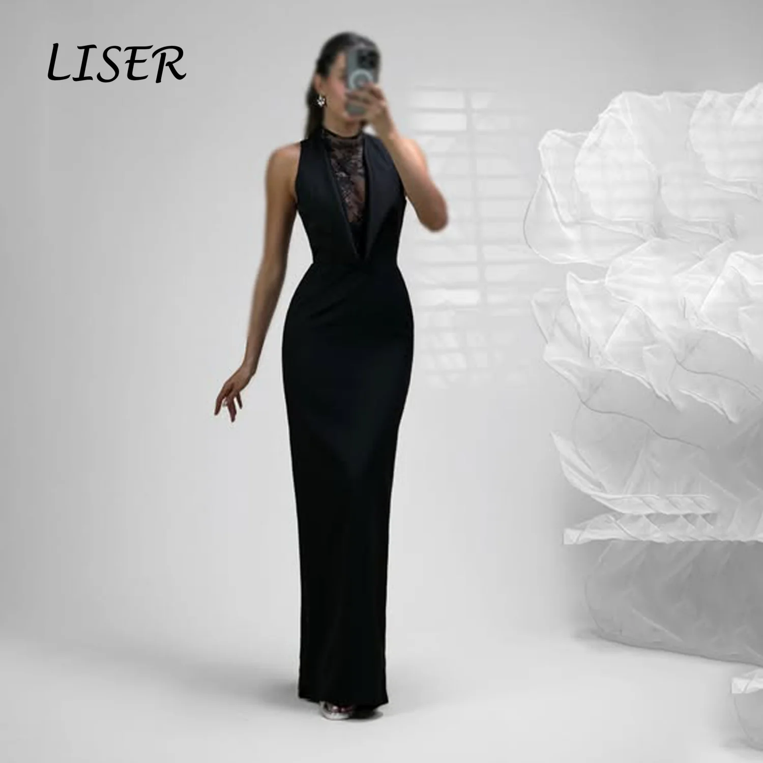 Liser Modern Halter Neck Black Mermaid Evening Dress Lace Patchwork Sleeveless Formal Floor‑Length Wedding Guest Gown Customized