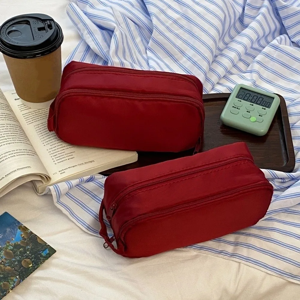 Black Korean Stationery Bag Desktop Storage Wine Red Multilayer Pencil Case Ins Style Cosmetics Card Pen