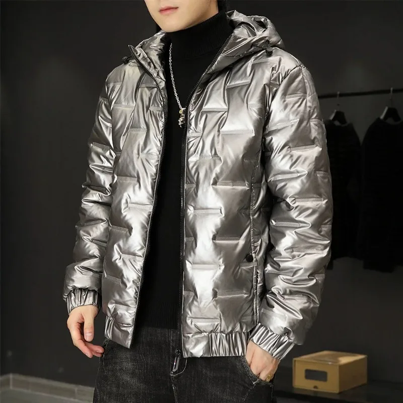 Men Shiny Hooded Puffer Jacket Zip Up Lightweight Quilted Cotton Coat Windproof Warm Short Outerwear Casual Hooded Padded Coat view 2