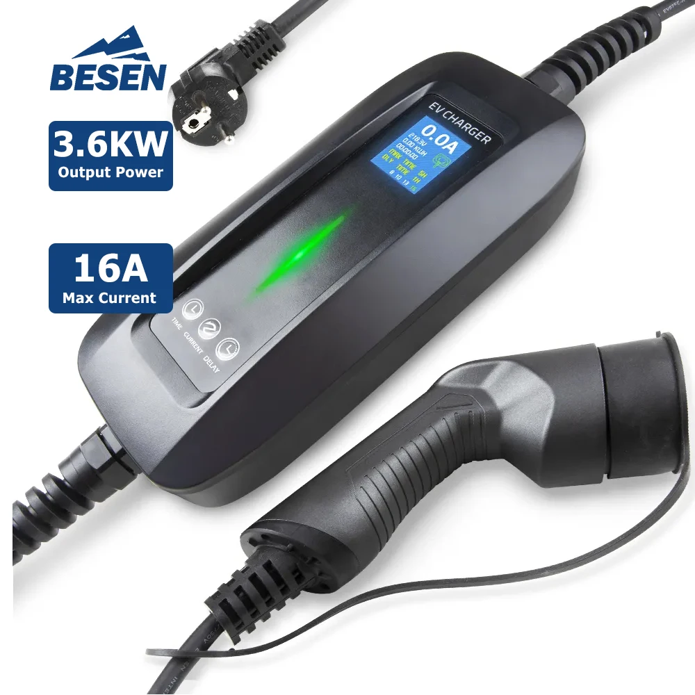 

BESEN Portable Electric Vehicle Charger 5 Meters Type 2 Charging Cable 6A 16A Switchable Current Smart Charging EV Charger