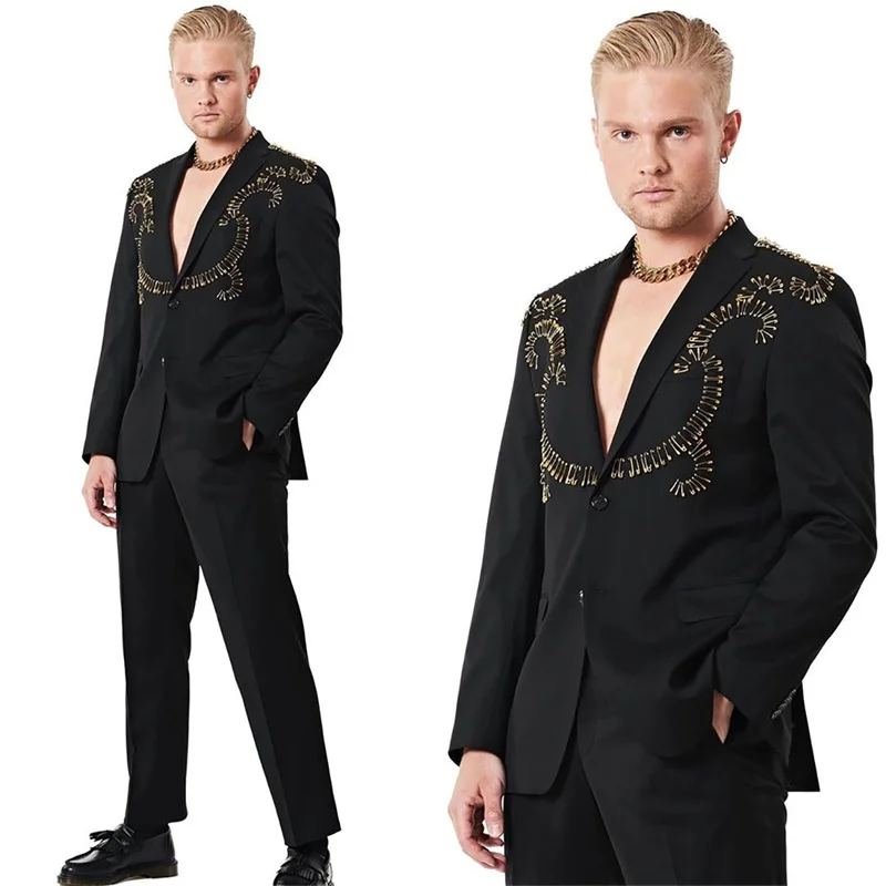 

Chic Pin 2 Pieces Men Suits Set Fashion Groom Wedding Tuxedo Black Blazer+Pants Custom Made Prom Dress Party Coat Jacket