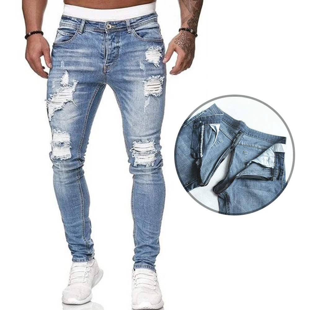 Fashion Tight Slacks Trend Elastic Men's Jeans Invisible Open Crotch Outdoor Sex Slim Fit Ripped Denim Exoticism Streetwear