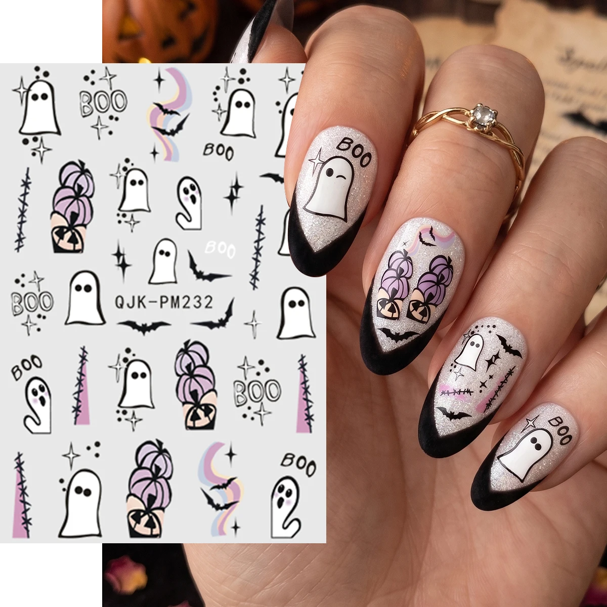 5Pcs Halloween Nail Art Stickers Pumpkin Ghost Star Flower Designs Nail Decals DIY Nail Decoration Perfect for Festive Manicures