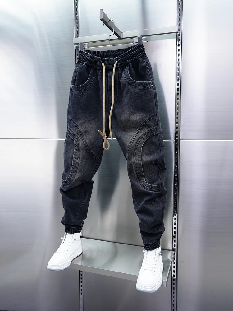 

Эластичные повседневные мужские джинсы с манжетами, спортивные, винтажные, облегающие, длинные брюки, осенняя новинка, молодежный стиль